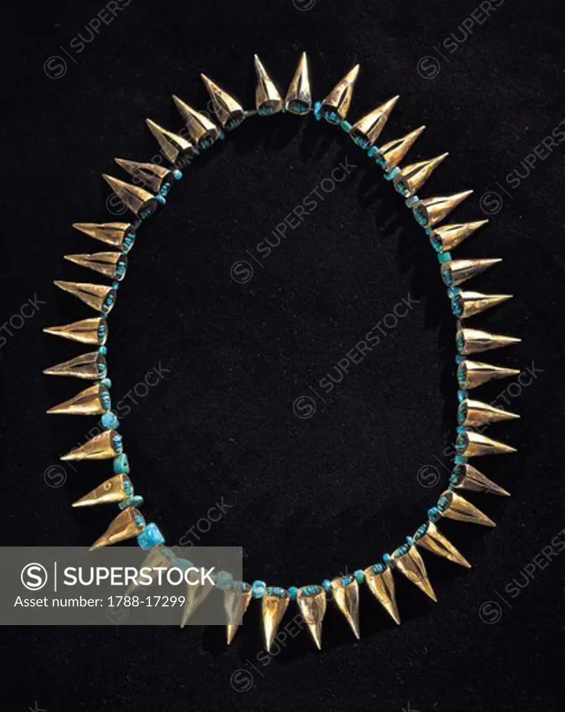 Gold and turquoise necklace. Pre-Inca civilization, Peru, Chimu culture