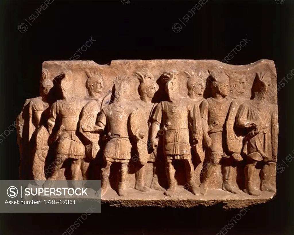 Relief depicting legionaries wearing regulation armor from Cumae, Campania region, Italy, Roman civilization.