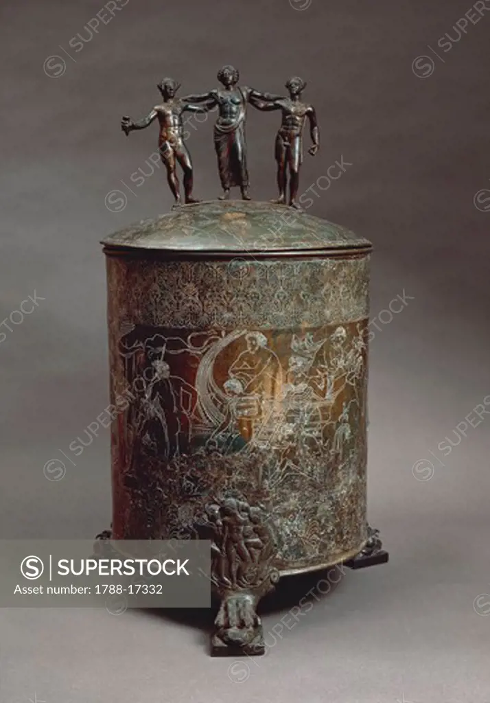 Cista Ficoroni, cylindrical bronze jewel casket with lid found at Palestrina (ancient Praeneste), Rome province) by Francesco de' Ficoroni, antiquary, in 1738