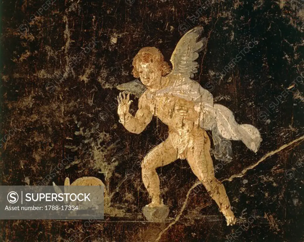 Fresco depicting Cupid hunting a hare from Pompeii, Naples province, Italy, Roman civilization