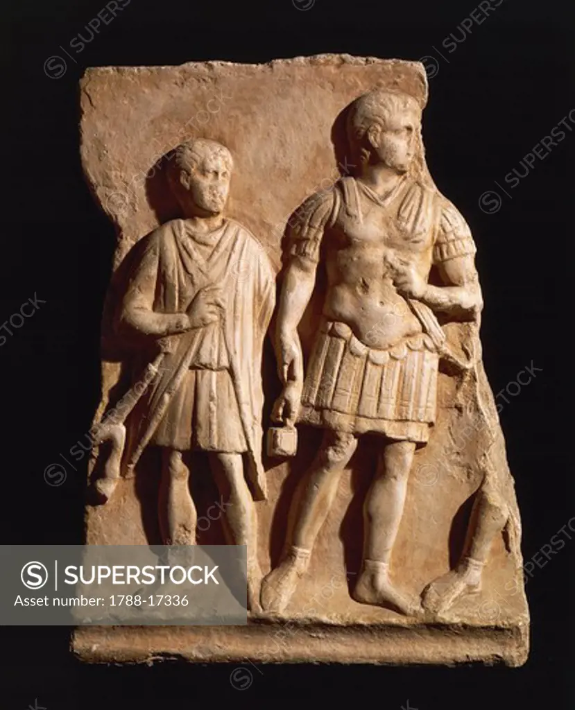Relief with centurion and soldier from Turin, Italy, Roman civilization