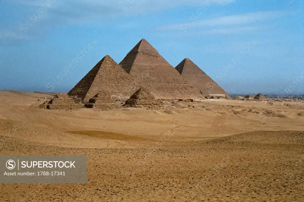 Egypt, Cairo, Ancient Memphis Pyramids at Giza. Pyramid of Khafre (greek: Chephren), Menkaure (greek: Mykerinus) and Khufu (greek: Cheops)