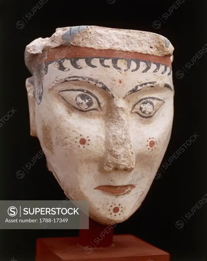 Painted stucco head of Sphinx, from Mycenae, Height 17 cm