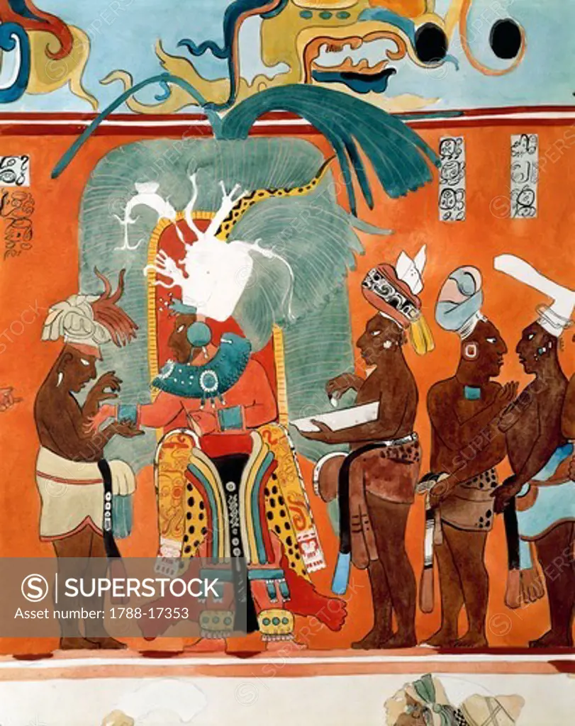 Dressing ceremony of high priest from Reconstruction of Bonampak frescoes (Maya archaeological site)