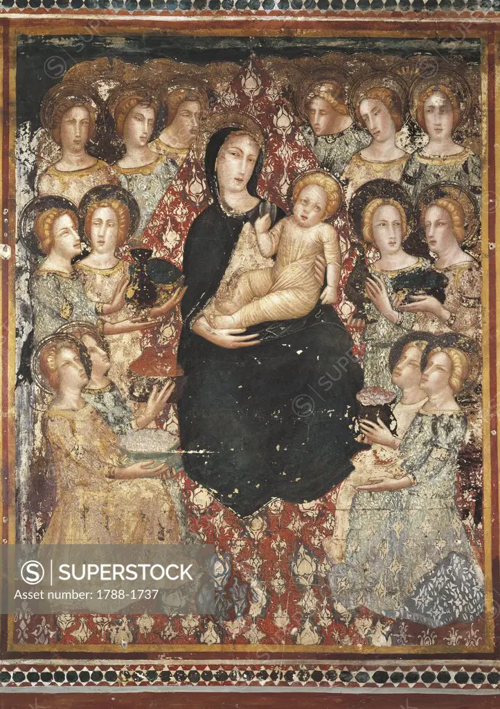 Spain - Catalonia - Barcelona. Pedralbes monastery, St. Michael's Chapel. Ferrer Bassa (1285-1348), Virgin with Child and Angels (14th century). Fresco