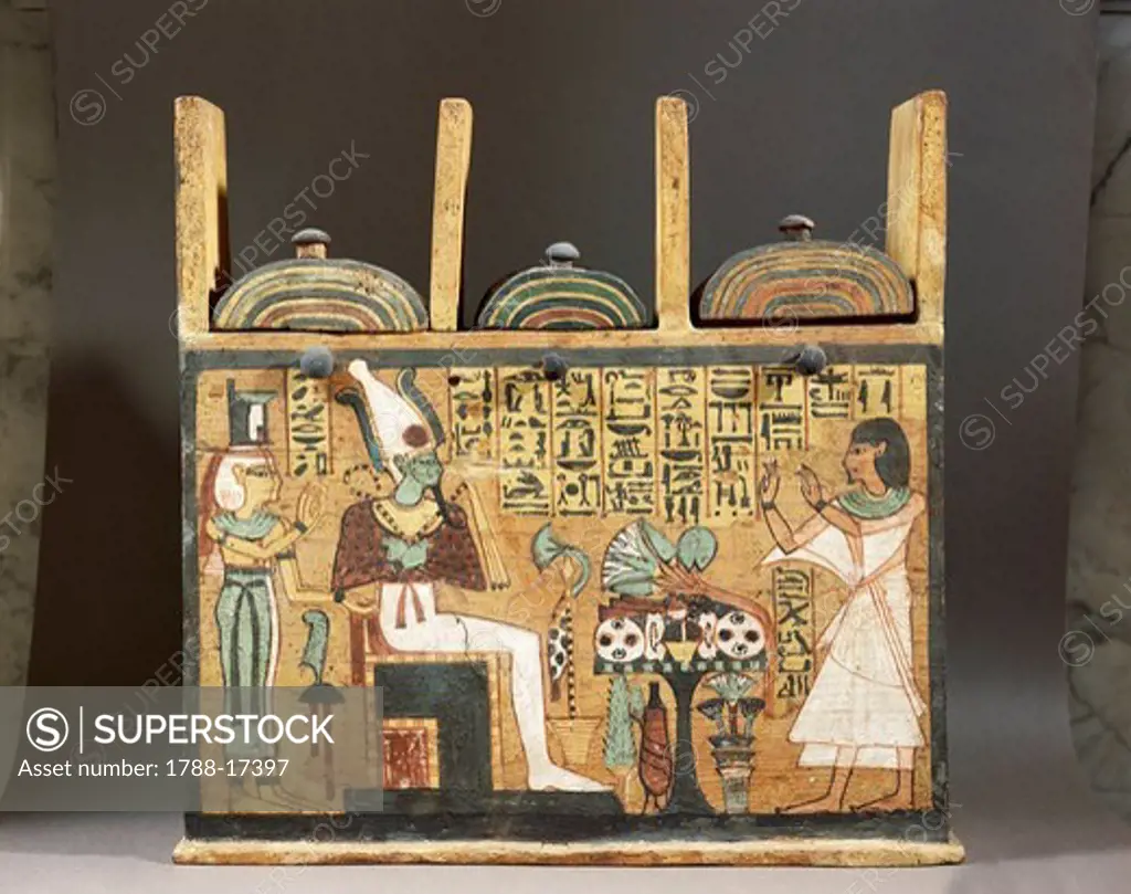 Painted wood shabti box depicting the deceased before Osiris, circa 1000 B.C. New Kingdom.