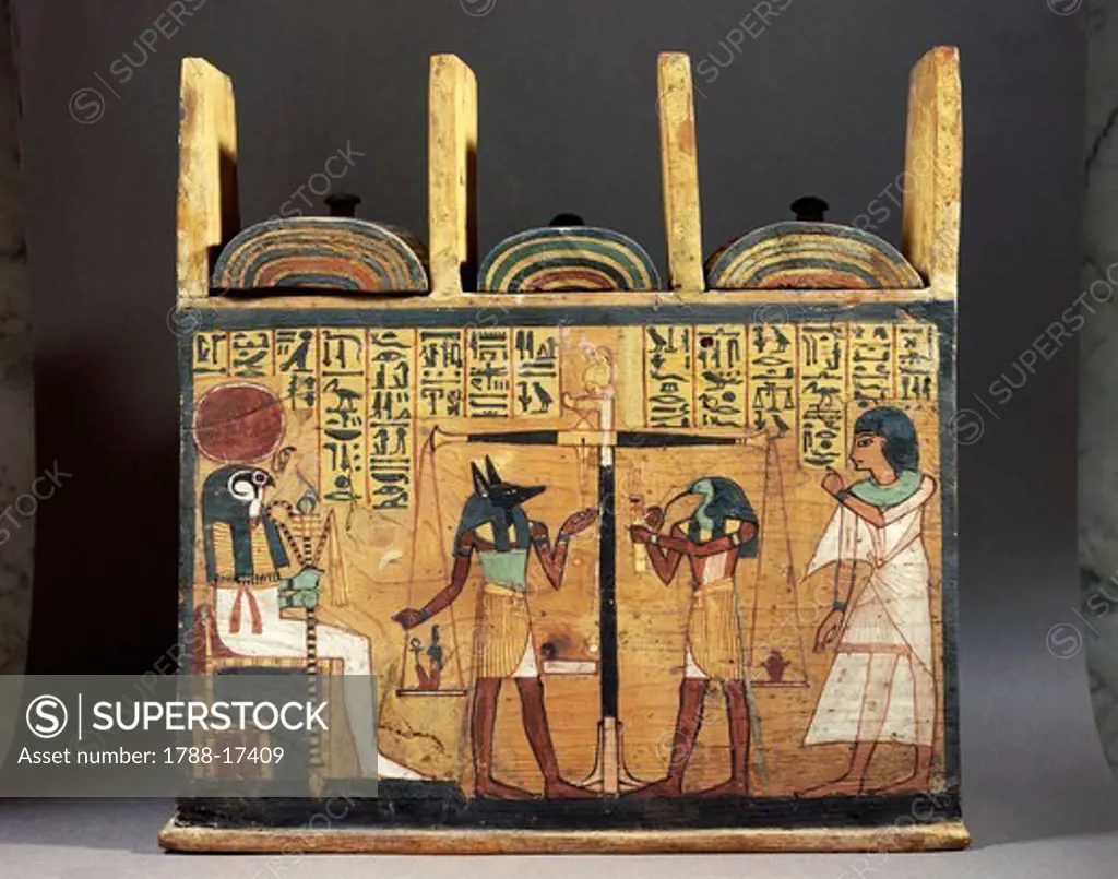 Painted wood shabti box depicting the weighing of the soul, 1000 B.C., New Kingdom