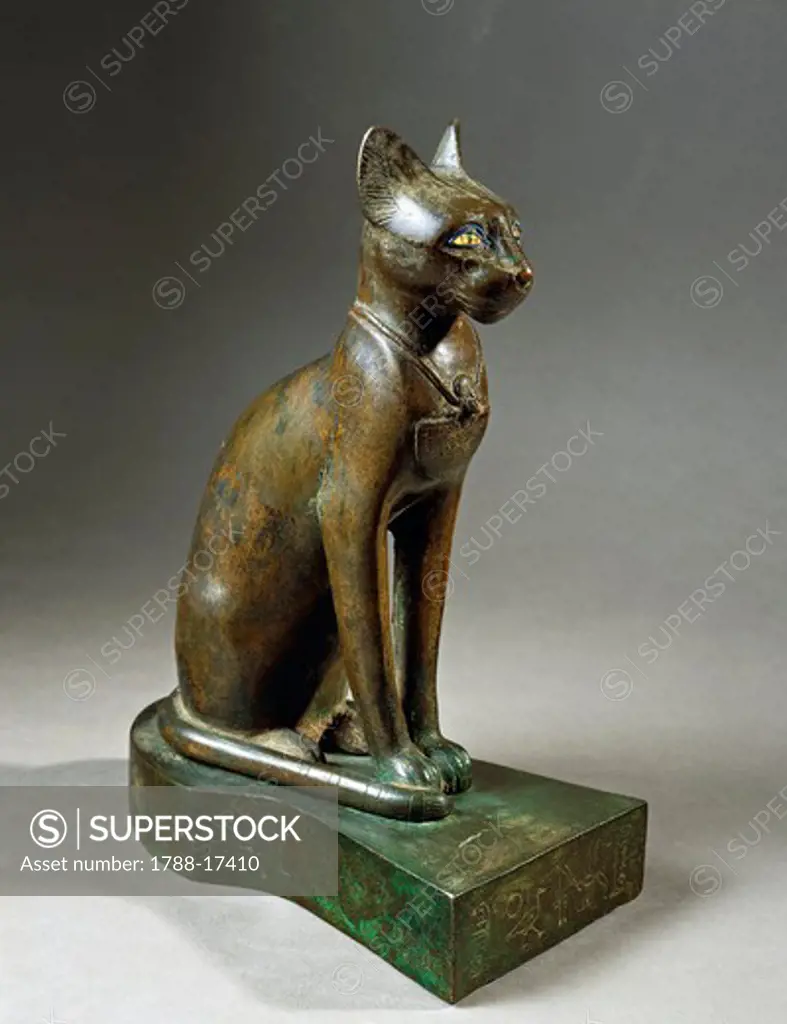 Bronze and gold statuette of goddess Bastet as a cat, also known as the Psamtik cat, Late Period, Dynasty XXVI
