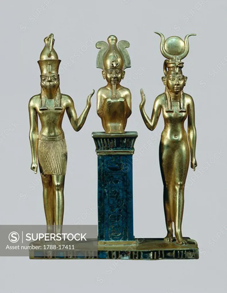 Gold and lapis lazuli figurines of Osiris, Horus and Isis: the triad of Osorkon, Middle Kingdom, Dynasty XXII, 970-730 B.C.