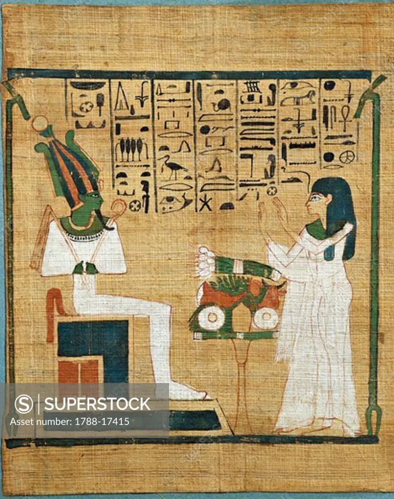 Papyrus with scene of offering to Osiris and hieratic inscription, Late Period. circa 1000 B.C.