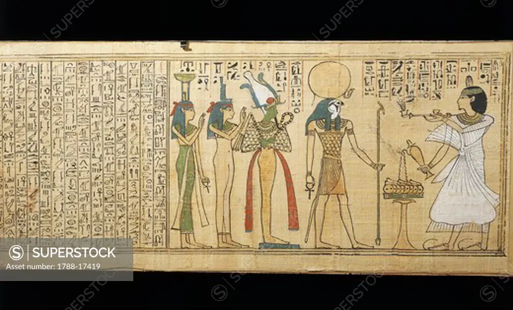 Papyrus of Khonsumes, The Book of the Dead the deceased making offerings to Osiris, Isis and Nephthys, Third Intermediate Period