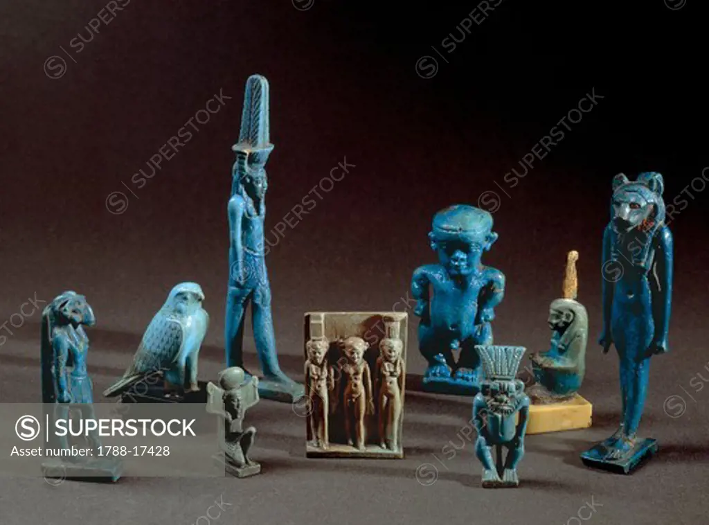Ceramic amulets depicting deities Taweret, Horus, Thoth, Maat, Sekhmet, Bes. Late Period.