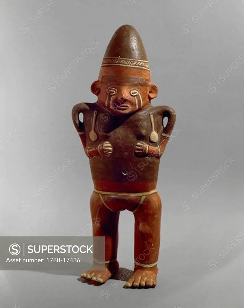 Tricolor pottery, terracotta female statuette, Chancay culture, Pre-Inca civilization, Peru