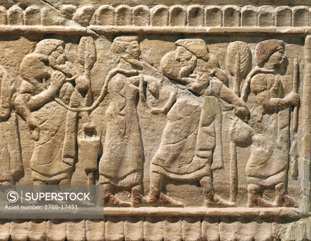 Sarcophagus depicting capture of prisoners, from necropolis of Sperandio, Perugia province, Italy