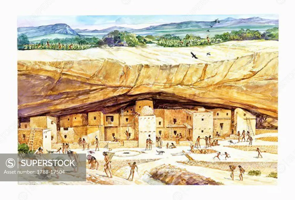 USA, Colorado, Mesa Verde, reconstructed Cliff Palace, illustration