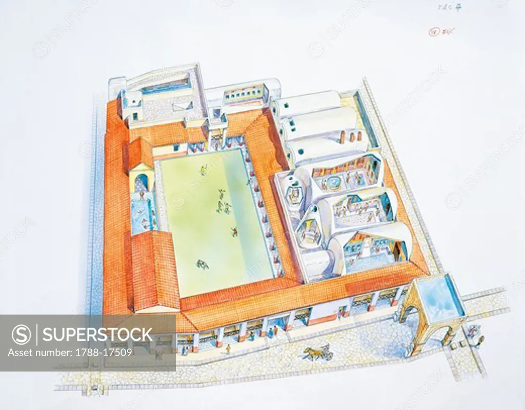 Italy, Campania Region, Pompei, reconstructed bathouse, illustration