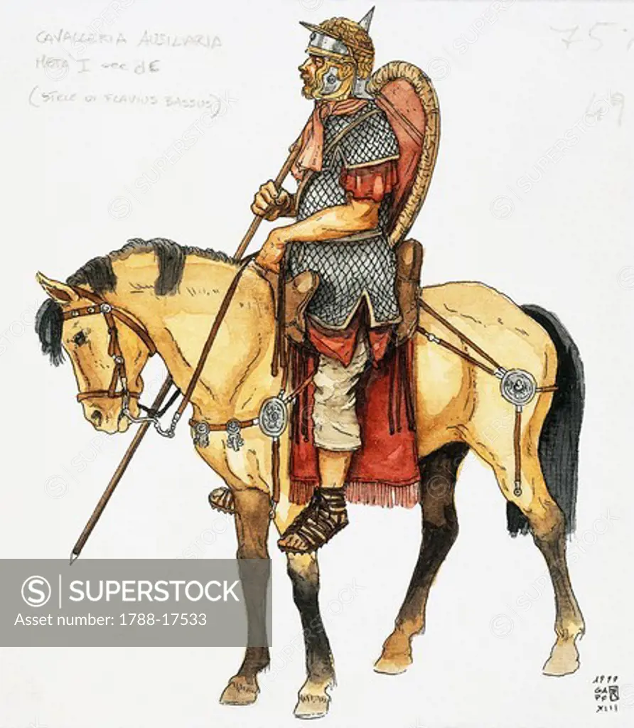 Roman auxiliary military, cavalry, mid 1st century, drawing