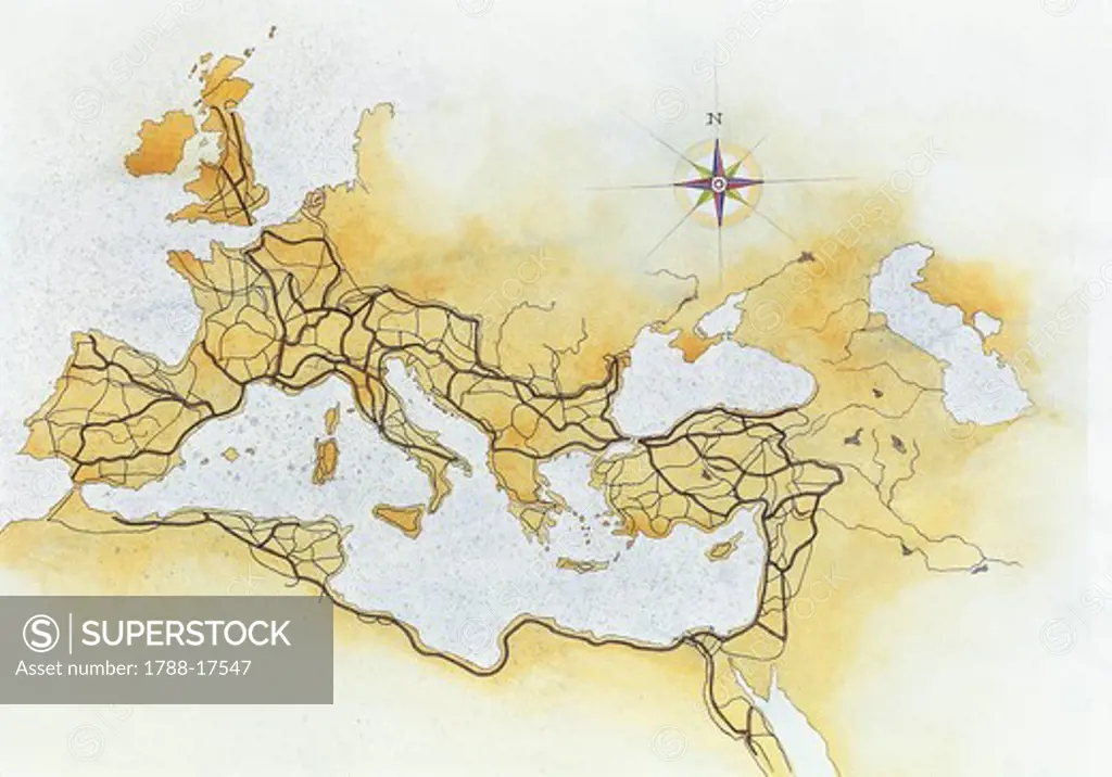 Map of Ancient Roman roads in the Mediterranean area, drawing