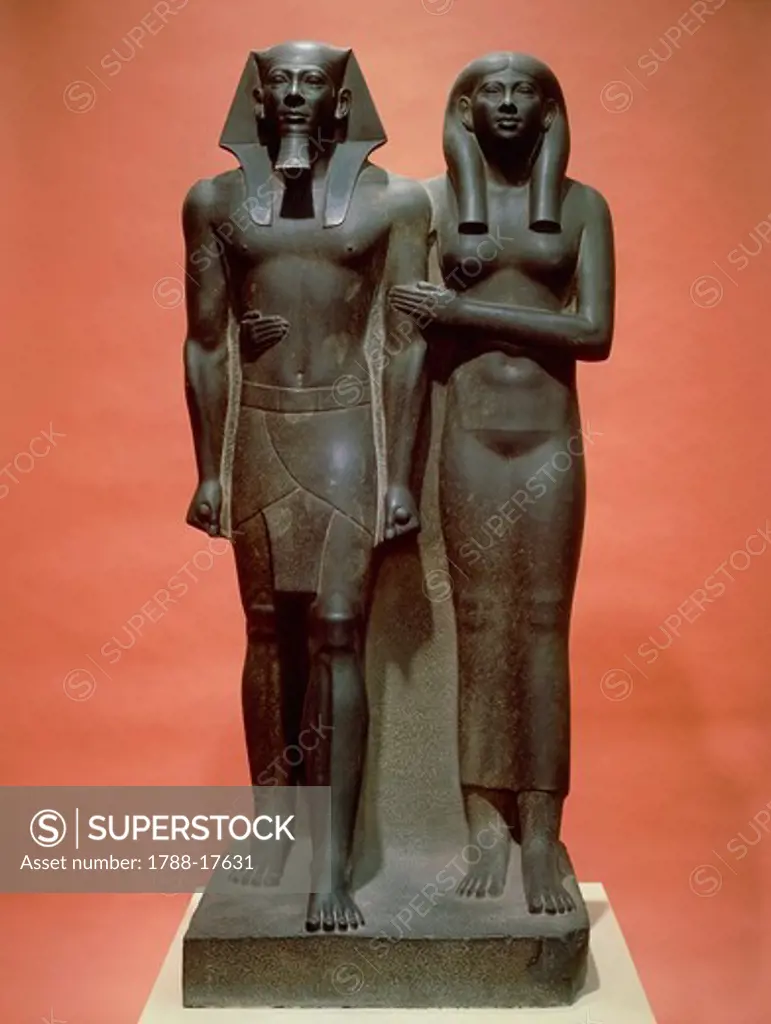 Schist statue depicting Menkaure and wife Khamerernebty II