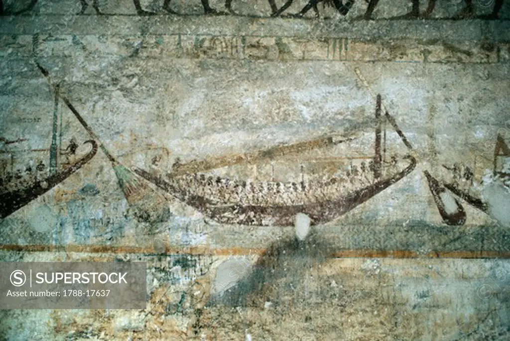 Egypt, Necropolis of Beni Hasan, Tomb of Amenemhat, mural painting depicting boat
