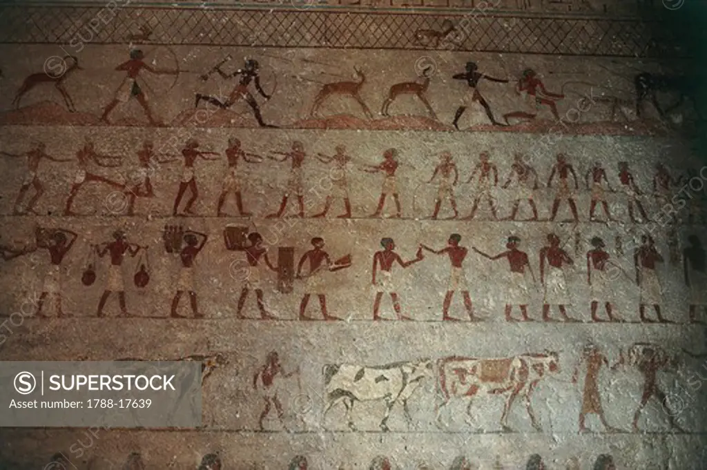 Beni-Hasan Necropolis. Tomb of Amenemhat, detail: mural paintings depicting hunting scenes and country life