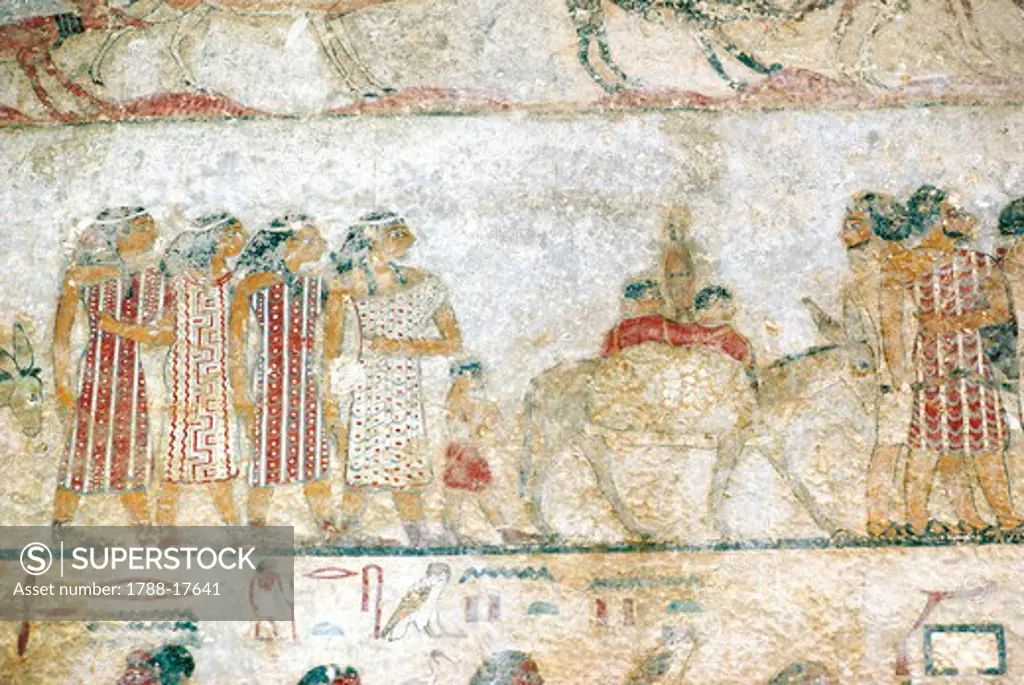 Beni-Hasan Necropolis. Tomb of Khnumhotep III. Detail: mural painting depicting an Asiatic caravan. Middle Kingdom.
