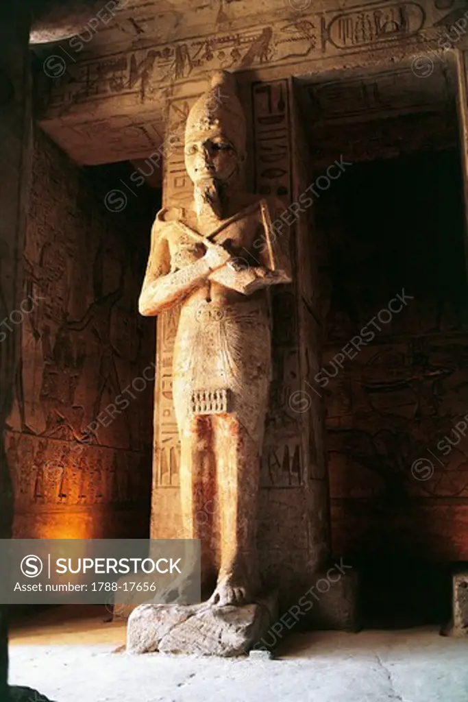 Egypt, Nubia, Abu Simbel, Great Temple of Ramses II, Colossus of the pronao