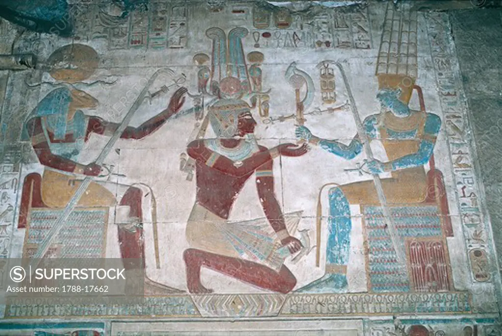 Egypt, Abydos, Temple of pharaoh Seti I, Osiris chapel, painted relief