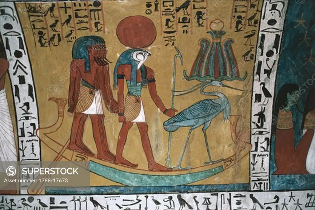 Egypt, Deir el-Medina, Tomb of Sennedjem, mural painting depicting Horus on solar boat