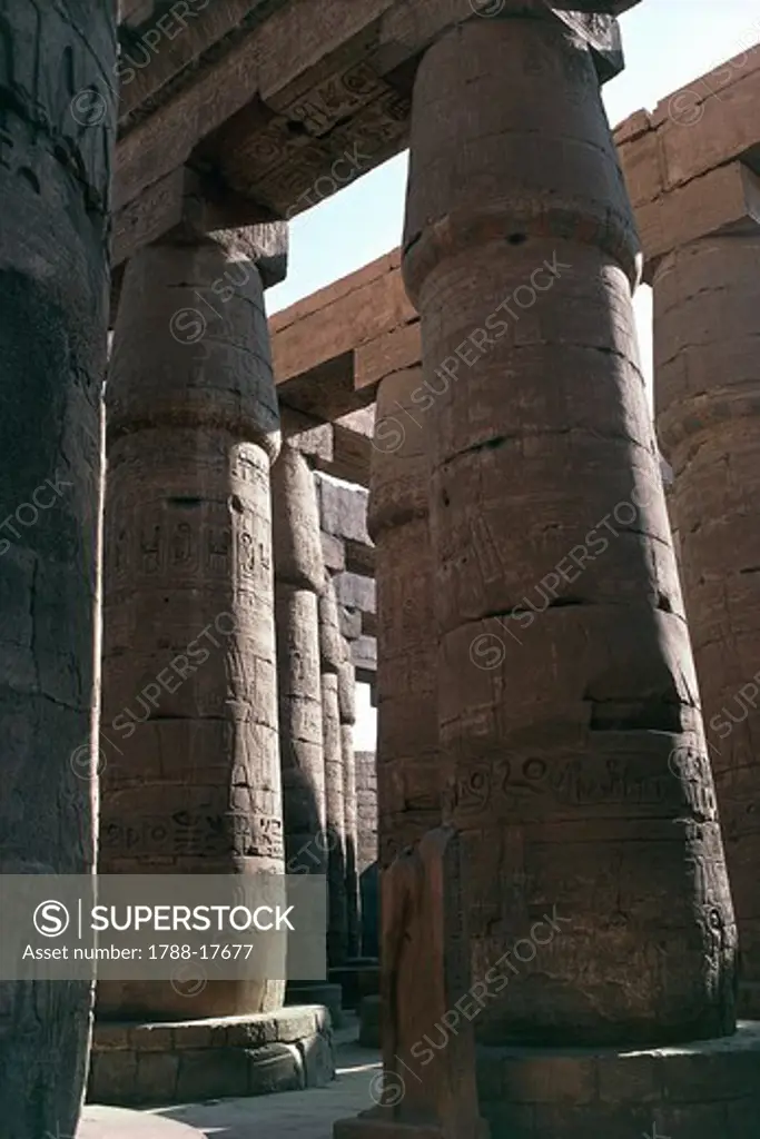 Egypt, Luxor, Karnak, Great Temple of Amon, Great hypostyle hall columns with papyrus bud shaped capitals