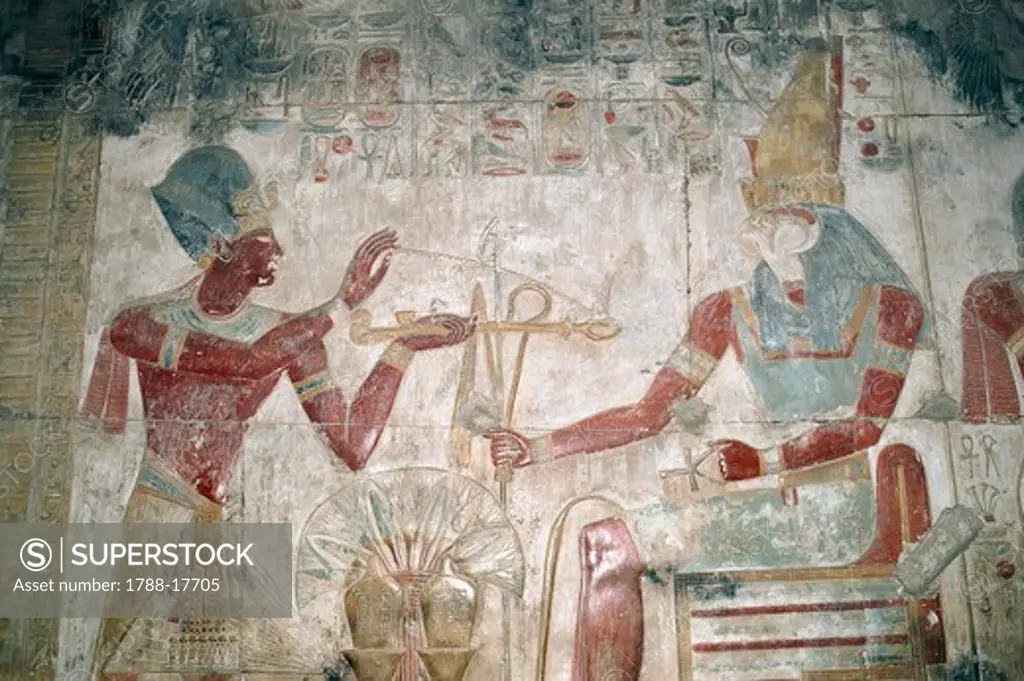 Egypt, Abydos, Temple of pharaoh Seti I, Osiris chapel. Detail, painted relief, New Kingdom, Dynasty XIX