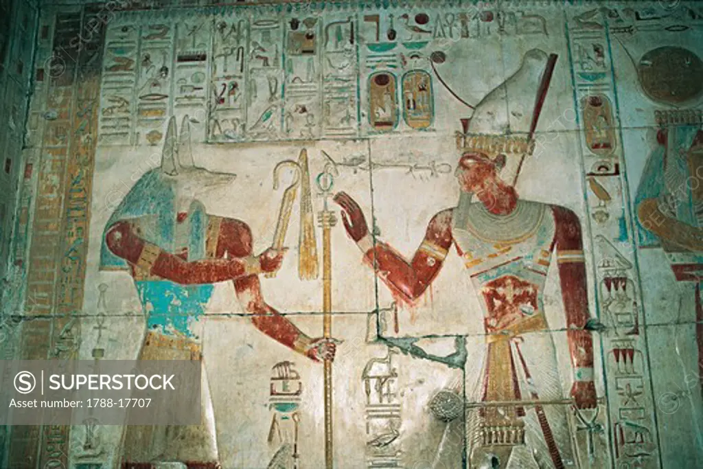 Egypt, Abydos, Temple of pharaoh Seti I, Osiris chapel. Detail, painted relief, New Kingdom, Dynasty XIX