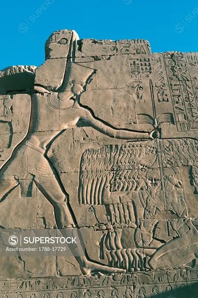 Egypt, Thebes, Luxor, Karnak Temple complex, Temple of Amon, Seventh Pylon, relief depicting Thutmose III with Hittite prisoners
