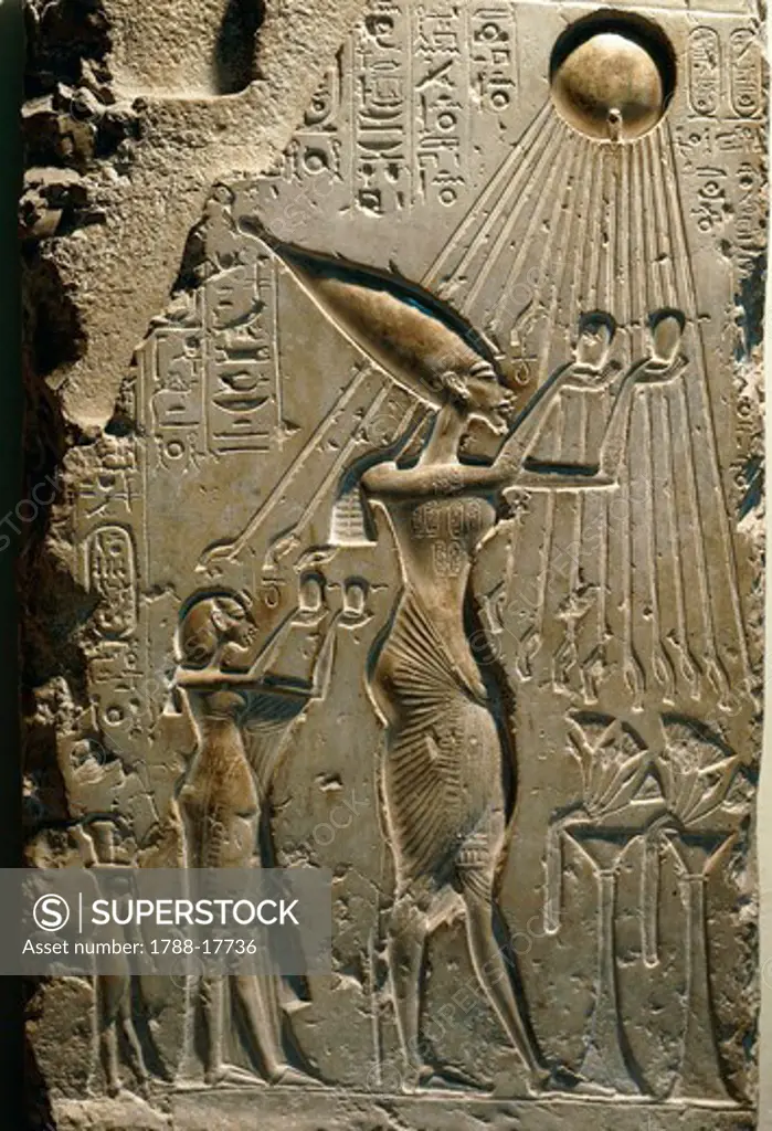 Limestone relief depicting Akhenaton (Amenhotep IV) adoring the sun, From Tall al-Amarnah (Amarna), New Kingdom, Dynasty XVIII,
