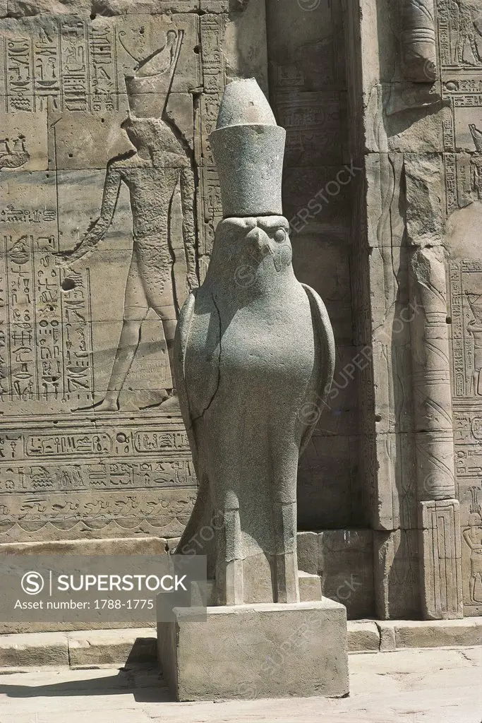 Africa - Egypt - Edfu. Ptolemaic era (305 b.C. -30 b.C.). Temple of Horus. Pronaos, statue of God Horus as falcon wearing the double crown of Egypt.