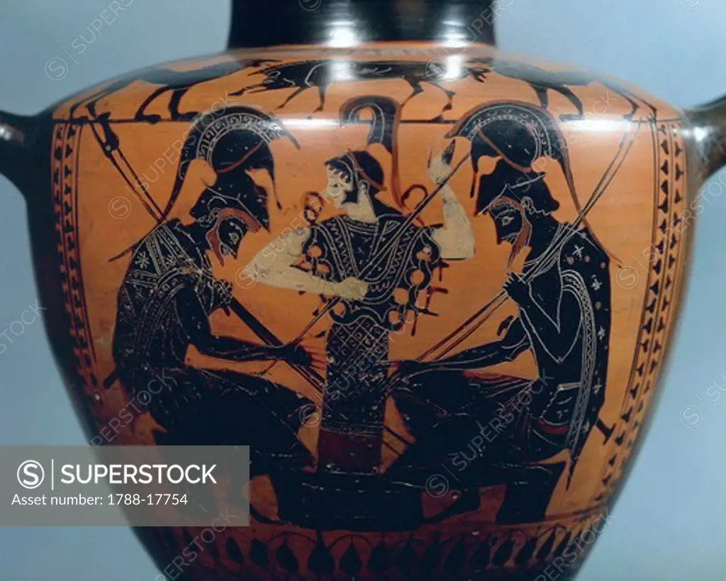 Black-figure pottery, Hydria by Euphiletos Painter depicting Achilles and Ajax playing dice before Athena, detail, circa 520 B.C.