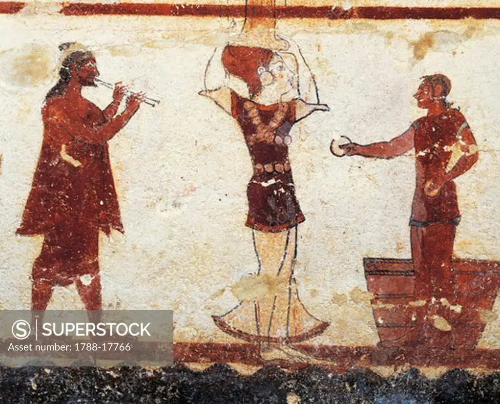 Italy, Latium region, Tarquinia (Viterbo province), Etruscan necropolis, Tomb of the Jugglers, an acrobat, a girl juggler balancing a candelabrum on her head and a flute player, fresco