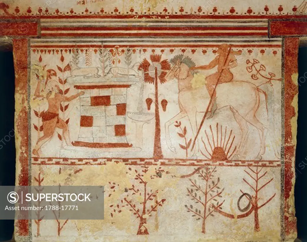 Italy, Latium region, Tarquinia (Viterbo province), Etruscan necropolis, Tomb of the Bulls, fresco