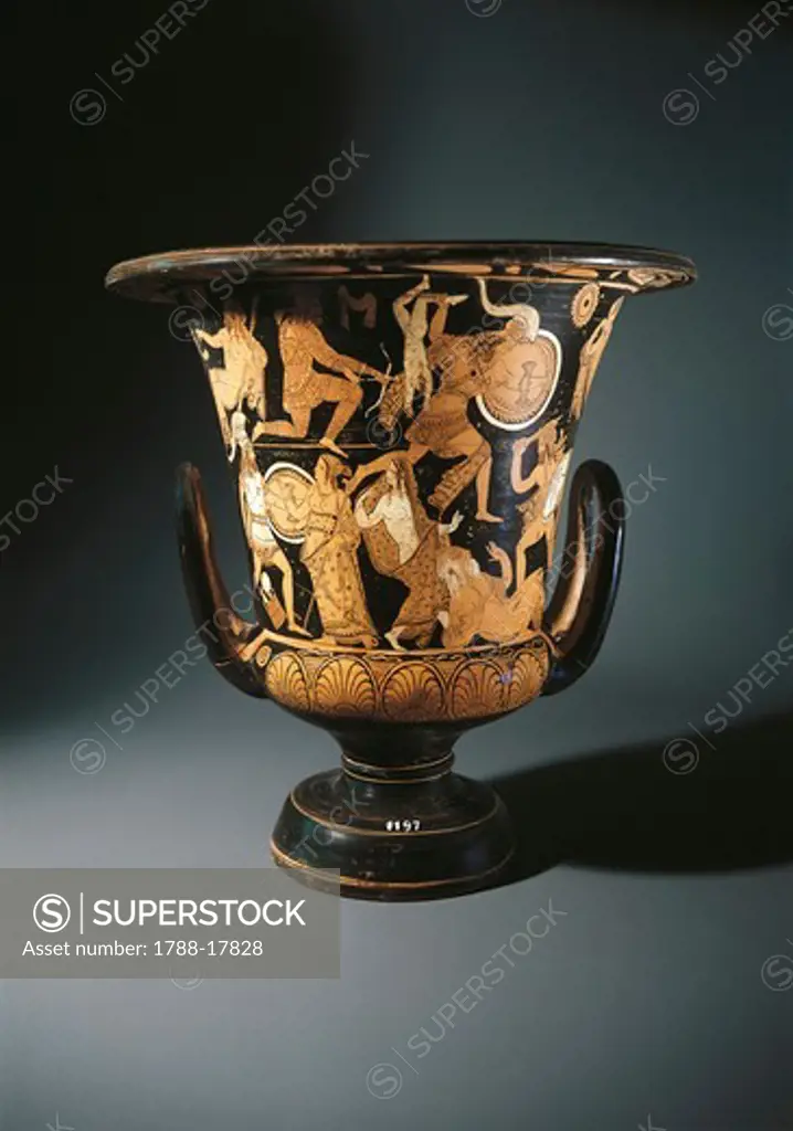 Red-figure pottery, calyx krater depicting Neoptolemus, Astyanax, Helen of Troy and Priamo on ground, by Nazzano Painter, from Civita Castellana