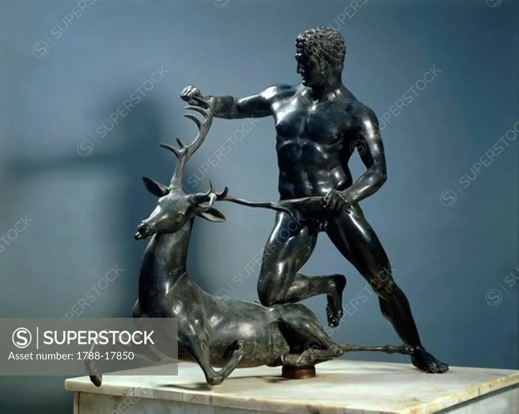 Statue of athlete struggling with deer, Roman copy of bronze original from fountain in Pompei, by Lysippos