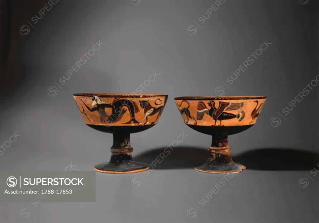 Black-figure pottery, pair of goblets by Amphiaraos Painter, from Orvieto, Terni province, Umbria region, Italy