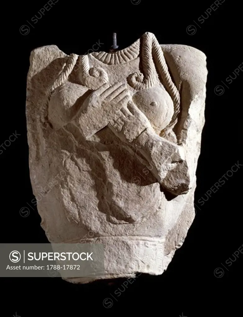 Limestone female bust from tumulus of Pietrera at Vetulonia, Italy