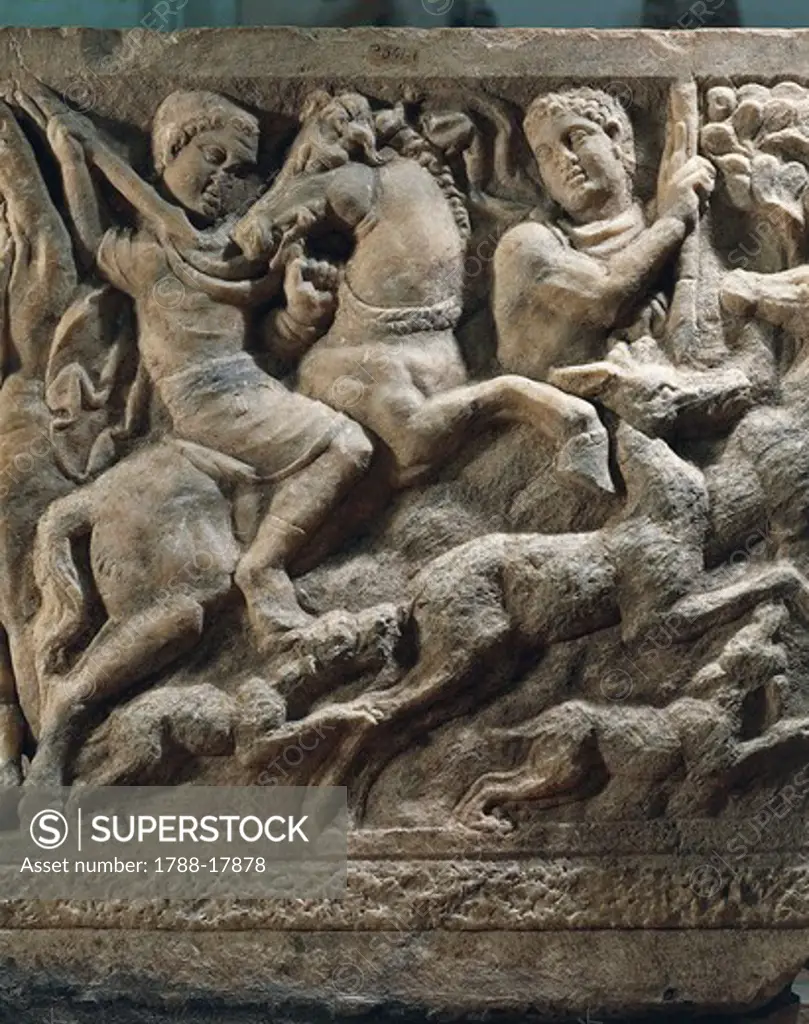 Sarcophagus, relief showing scene of deer hunting