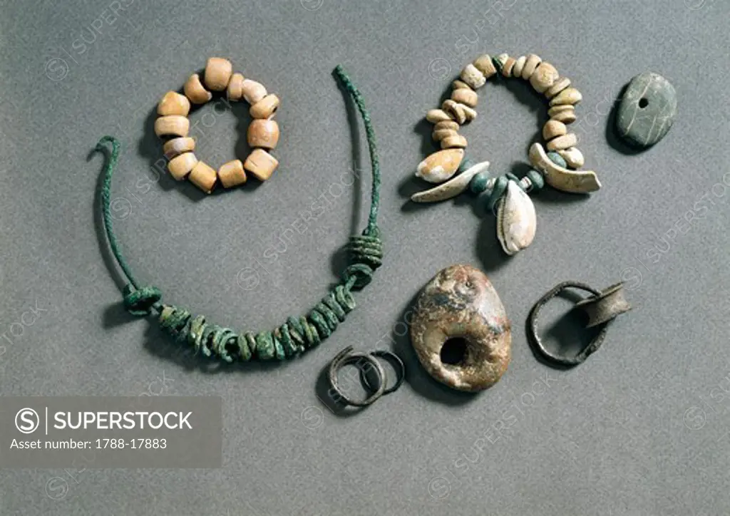 Bone, shells and bronze jewelry