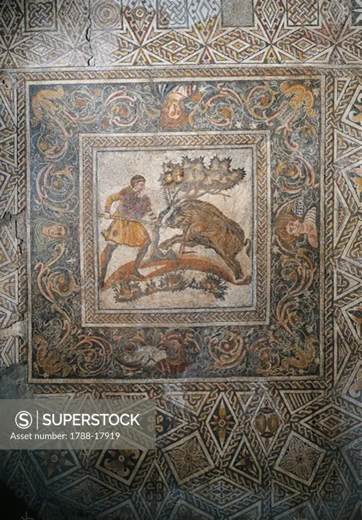 Mosaic with wild boar hunting scene, from Roman Villa of Las Tiendas, Spain