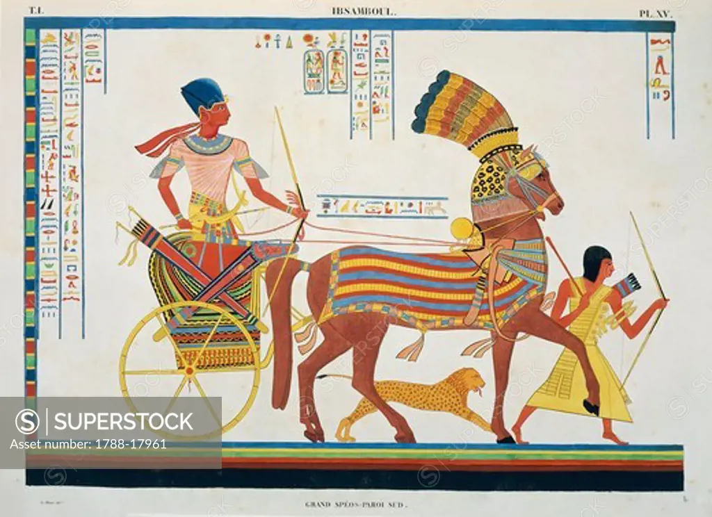Reproduction of fresco depicting people with chariot, Abu Simbel temple, by J. F. Champollion