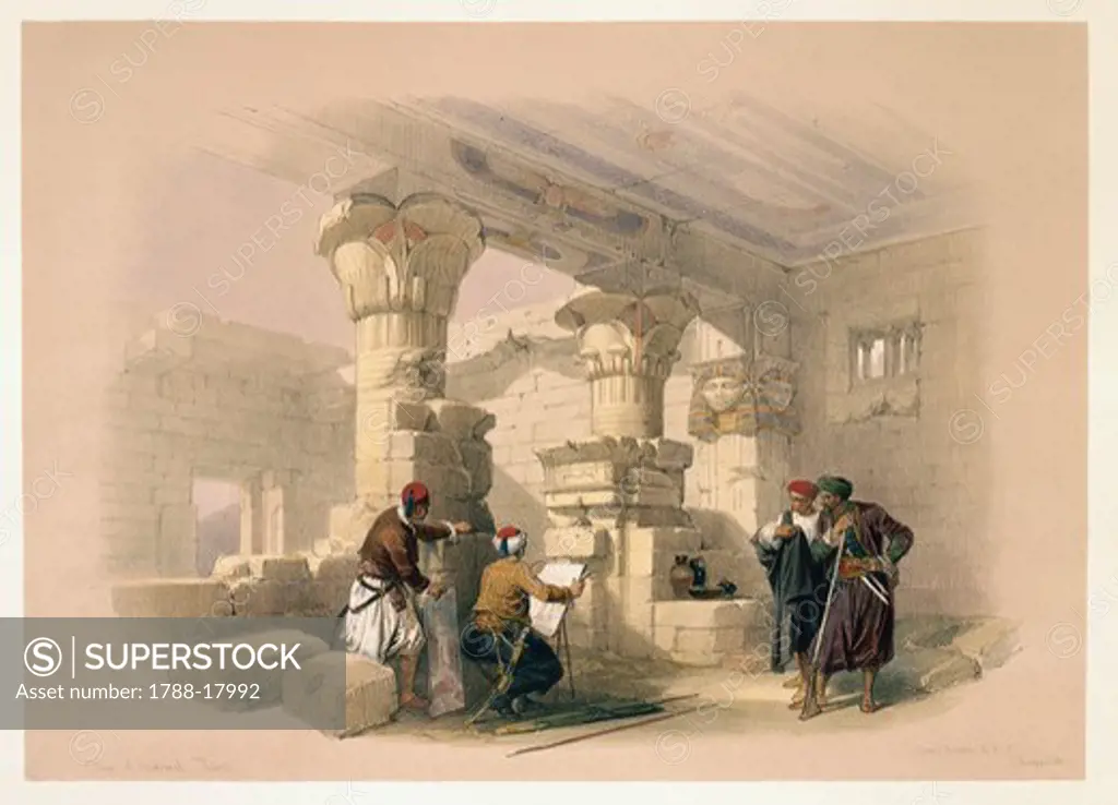 Egypt, Deir el-Medina, ruins, engraving based on a drawing by David Roberts from ""Egypt and Nubia"", 1846-1850