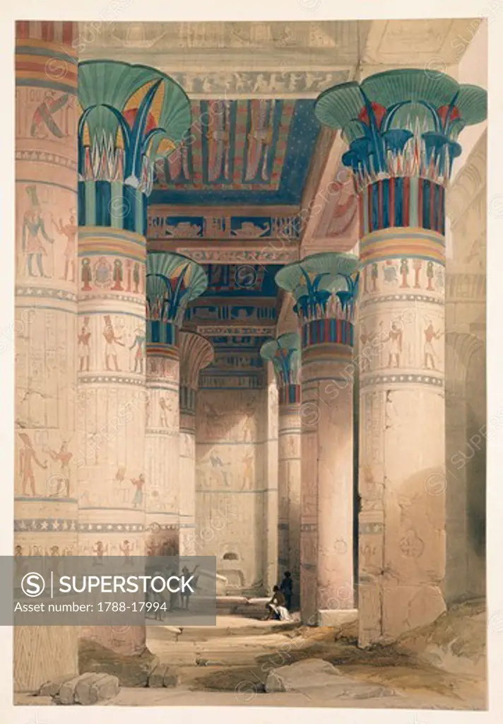 Egypt, interior of the Grand Portico of the Temple of Philae, engraving based on a drawing by David Roberts from ""Egypt and Nubia"", 1846-1850