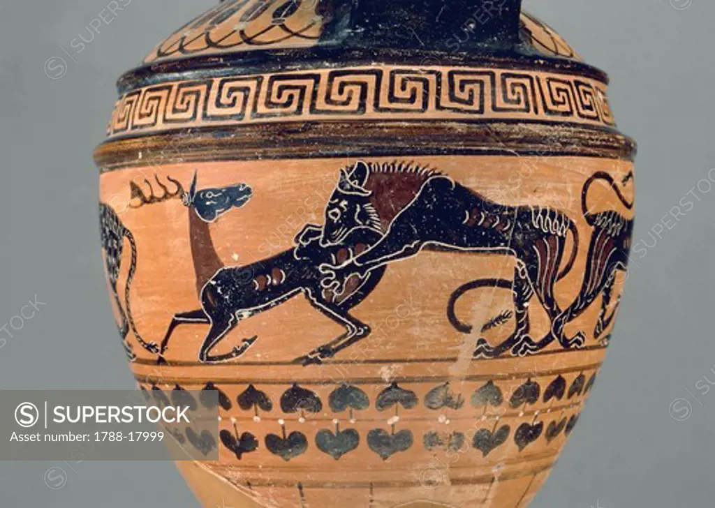 Pontic amphora depicting a hyena attacking a gazelle. Paris Painter, 550-540 B.C.