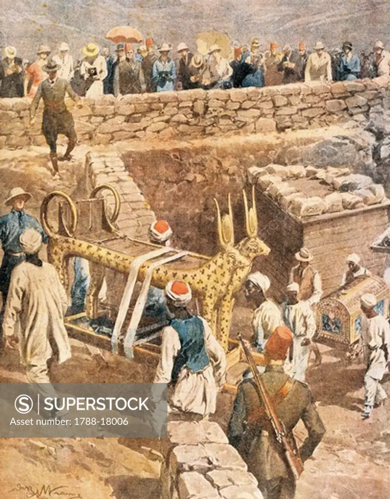The discovery of the tomb of Tutankhamen by Achille Beltrame (1871-1945), illustration, 1923